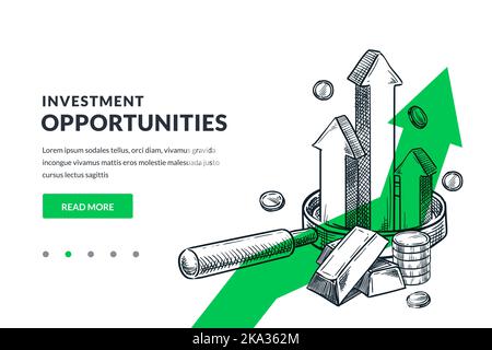 Concept d'analyse de la croissance de l'entreprise, de l'investissement et de la finance. Loupe avec flèches de croissance et barres dorées sur fond de flèche verte. Dessiné à la main ve Illustration de Vecteur