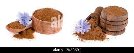 Fleur de chicorée et poudre de chicorée instantanée isolé sur un fond blanc. Cichorium intybus. Banque D'Images