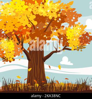 Paysage d'automne avec chêne jaune, orange, feuilles mortes. Scène rurale de l'assaisonnement, campagne Illustration de Vecteur