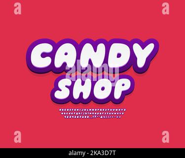 Bannière tendance Candy Shop avec 3D lettres à bulles. L'alphabet et les chiffres sont de couleur violet blanc sur fond rouge. Vecteur Illustration de Vecteur