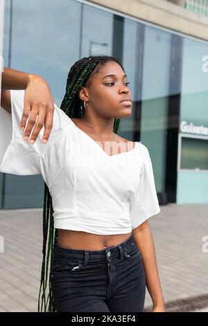 Femme afro-américaine confiante contemporaine avec de longs cheveux tressés debout dans la rue penchée sur le poteau et regardant loin Banque D'Images