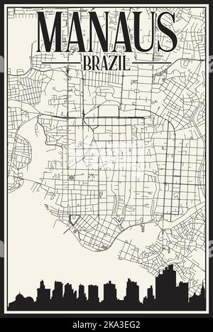 Tracé à la main du réseau des rues du centre-ville impression de la carte de MANAUS, BRÉSIL Illustration de Vecteur