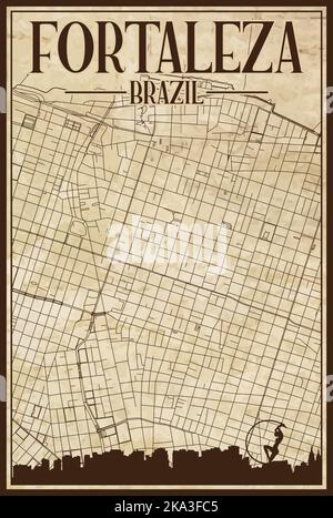 Tirage à la main du réseau des rues du centre-ville carte de FORTALEZA, BRÉSIL Illustration de Vecteur