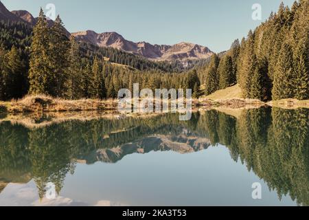 Paysage alpin pittoresque avec lac, montagnes et forêt. Reflet miroir dans un lac de montagne calme. Kleinwalsertal, vallée du Vorarlberg, Autriche. Banque D'Images