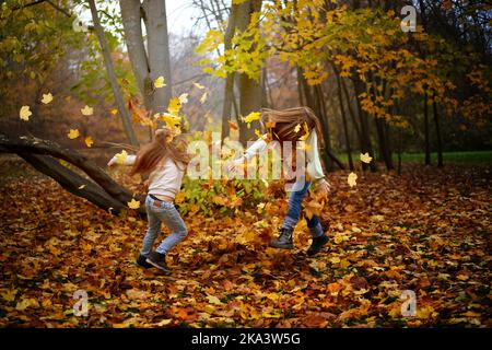 Les enfants du parc d'automne courent, sautent et jouent au milieu du feuillage coloré de l'érable. Les feuilles d'automne volent autour. Espace de copie pour votre conception. Banque D'Images