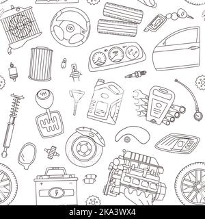 Ligne style icône motif vectoriel sans couture arrière-plan des pièces de rechange de voiture. Détails du véhicule et accessoires. Illustration de Vecteur