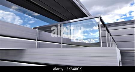 Balcon moderne et élégant d'une maison privée de pointe avec panneaux technologiques composites. Rambarde en verre avec fixation en acier. 3d rendu. Banque D'Images