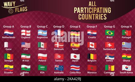 Tous les pays participants drapeaux nationaux en forme de vague avec frontière d'or au Qatar 2022 World Soccer Championship , séparés par des groupes Illustration de Vecteur