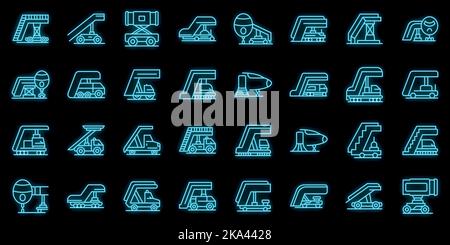 Les icônes d'escalier d'avion définissent le vecteur de contour. Moteur Aerobridge. Escalier de plan de couleur néon sur noir Illustration de Vecteur