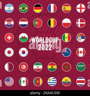 Drapeaux ronds de la coupe du monde du Qatar 2022 pays participants de par groupes et paniers Illustration de Vecteur