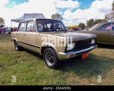 Ancienne Fiat beige 125 Mirafiori berline quatre portes 1980 dans la campagne. Jour ensoleillé. Nature, herbe, arbres. Salon de la voiture classique. Banque D'Images