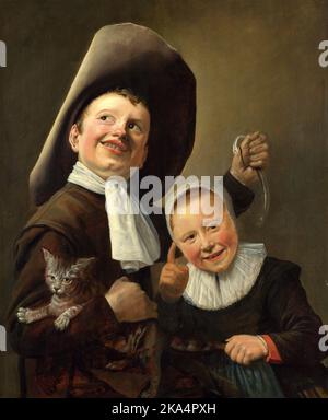 Un garçon et une fille avec un chat et une anguille, peinture par Judith Leyster, Un garçon et une fille avec un chat et une anguille Banque D'Images