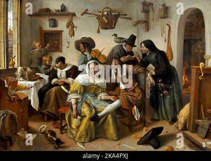 Attention au luxe, dans Weelde Siet Tot, (dans le luxe, regarder dehors) peint par Jan Steen 1663 Banque D'Images