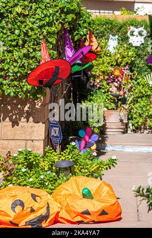 Décorations d'Halloween dans la cour avant d'une maison comprenant une sorcière et plusieurs citrouilles et lanternes de Jack. Banque D'Images