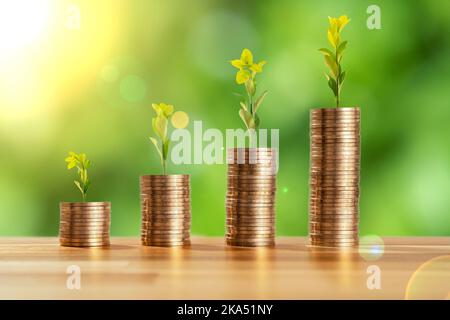 Gros plan photo de verre jae plein de pièces de monnaie et la croissance de plante à l'intérieur comme un symbole d'investir ou de financement dans les affaires.concept de croissance financière de l'entreprise Banque D'Images