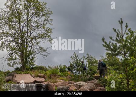 Finlande, Kotka - 18 juillet 2022: Parc et lac de Sopokanlahti. La famille monte les escaliers jusqu'au sommet de la cascade entre le feuillage vert sous un paysage sombre Banque D'Images