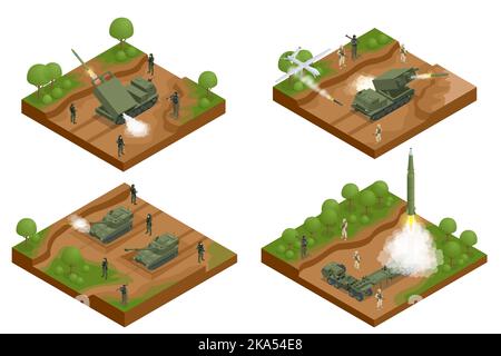 La guerre militaire a mis le système de tir de salvo à fusée isométrique sur un train d'atterrissage à roues. Artillerie à roquette. Missile balistique tactique. Tracteur militaire avec un Illustration de Vecteur