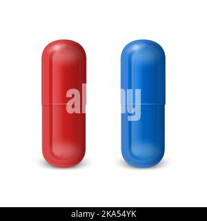 Vector 3D Realistic Red and Blue Pharmaceutical Medical Pill, Capsule, Tablet Set isoler sur fond blanc. Vue avant. Médecine, concept de choix Illustration de Vecteur