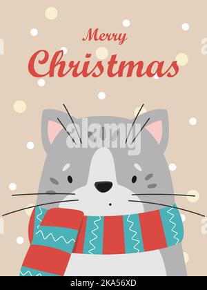 Illustration d'un joli chat gris dans un foulard rayé. Carte de Noël vectorielle. Illustration de Vecteur