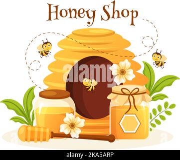 Boutique de miel avec un pot de produit utile naturel, abeille ou nid d'abeille à consommer sur le dessin à la main de dessin de dessin de dessin de dessin de dessin de dessin à plat Illustration Illustration de Vecteur