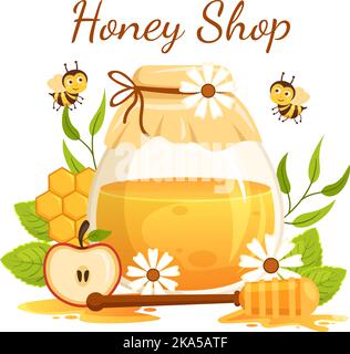 Boutique de miel avec un pot de produit utile naturel, abeille ou nid d'abeille à consommer sur le dessin à la main de dessin de dessin de dessin de dessin de dessin de dessin à plat Illustration Illustration de Vecteur