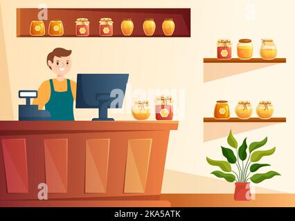 Boutique de miel avec un pot de produit utile naturel, abeille ou nid d'abeille à consommer sur le dessin à la main de dessin de dessin de dessin de dessin de dessin de dessin à plat Illustration Illustration de Vecteur