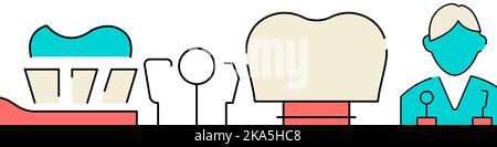 Dentisterie. Arrière-plan du modèle de bannière horizontale ou de bordure inférieure pour soins dentaires. Illustration de ligne pleine plate isolée sur blanc. Banque D'Images