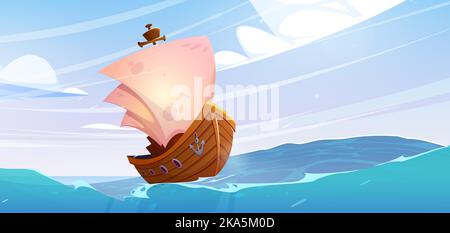 Bateau en bois avec voiles blanches en mer avec vagues. Paysage océanique avec voilier, yacht ancien, pirate ou navire viking dans le temps orageux avec vent, illustration de dessin animé vectoriel Illustration de Vecteur