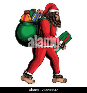 Bigfoot marche costume santa boîte de transport sac cadeau illustration vectorielle pour votre compagnie ou marque Illustration de Vecteur