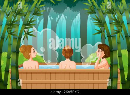 Femmes dans le bain thermal dans l'illustration de forêt de bambou Illustration de Vecteur