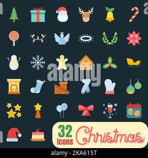 Les icônes de Noël s'affichent à plat. Illustrations vectorielles. Illustration de Vecteur