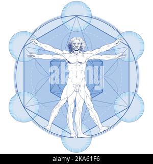 Motif vectoriel de Vitruvian Man avec fond Metatron Illustration de Vecteur