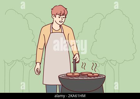 Homme souriant en tablier faisant de la viande sur le gril dans le parc. Bon gars ont plaisir à cuisiner barbecue à l'extérieur. Week-end et détente. Illustration vectorielle. Illustration de Vecteur