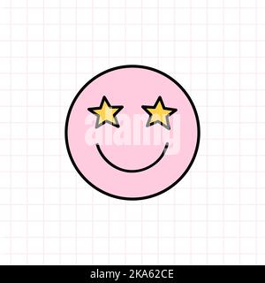 Icône de sourire rose mignon avec des yeux étoiles dans le style de la 90s. Illustration vectorielle à dessin manuel isolée sur fond blanc. Nostalgie pour le 199 Illustration de Vecteur