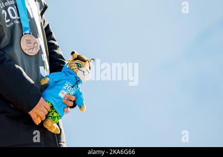 Oslo, Norvège 20160214. Jeux Olympiques de la jeunesse 2016 à Lillehammer. La mascotte 'Shogg'. Foto: Grott de Végard Wivestad / NTB scanpix Banque D'Images