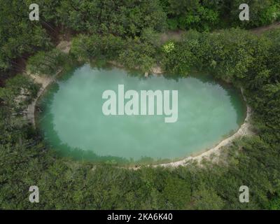 Lac aérien en forêt. Vol aérien de haut en bas au-dessus d'un petit lac de forme ovale. Se déplaçant vers le haut, eaux turquoise clair de l'étang entouré d'arbres et Banque D'Images