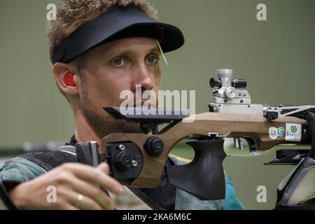 RIO DE JANEIRO, BRÉSIL 20160808. Jeux olympiques d'été à Rio 2016. Are Hansen a été le numéro dix en qualifications à 10 mètres de fusil d'air pendant les Jeux olympiques de Rio de Janeiro dimanche. Photo: Cornelius Poppe / NTB scanpix Banque D'Images