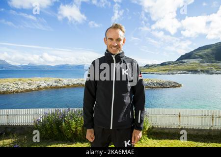 Bodoe, Norvège 20160810. Alexander Kristoff (équipe Katusha) au phare de Landegode à l'extérieur de Bodoe mercredi après-midi. La course de vélo Arctic Race of Norway 2016 commence jeudi. Photo: Vegard Wivestad Groett / NTB scanpix Banque D'Images