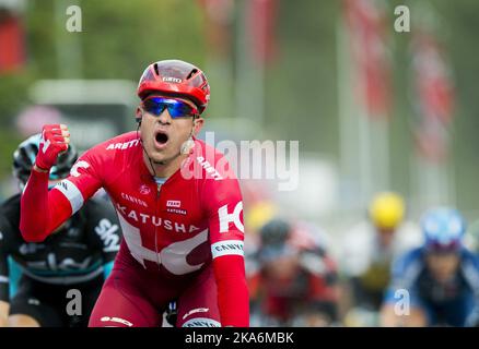 Rognan 20160811. Alexander Kristoff (Team Katusha) après avoir remporté la première jambe dans la course arctique de Norvège 2016 à Rognan vendredi photo: Vegard Wivestad Groett / NTB scanpix Banque D'Images