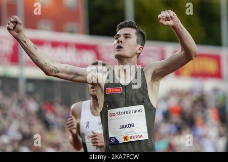Oslo 20220616. Jakob Ingebrigtsen, de Norvège, réagit après avoir terminé premier dans la course du mille pendant les Jeux Bislett de la Ligue de diamants 2022. Photo: Stian Lysberg Solum / NTB Banque D'Images