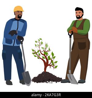 Deux hommes en vêtements de travail avec des pelles se tiennent à côté du jeune semis en tas de terre, isolé sur blanc. Elément de conception vectoriel. Illustration de Vecteur