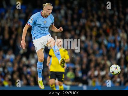 Manchester, Royaume-Uni 20220914. Erling Braut Haaland de Manchester City lors du match de football de la Ligue des champions entre Manchester City et Borussia Dortmund au stade Etihad. Photo: Fredrik Varfjell / NTB Banque D'Images