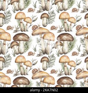 Motif aquarelle sans couture avec champignons. Papier de répétition de champignon jaune de toile d'araignée et de graisseur dessinés à la main . Design pour vêtements, textiles, cartes postales, wal Banque D'Images