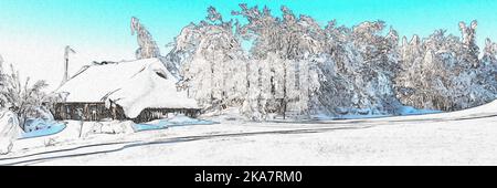 Nature froide extérieure, paysage d'hiver peinture avec des sapins, forêt de loin, champ de neige et environnement froid pour l'illustration, le fond, numérique Banque D'Images