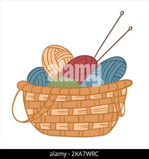 Illustration vectorielle en couleur. Panier avec fils pour tricoter, tricoter les aiguilles Illustration de Vecteur