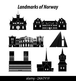 Ensemble de monuments célèbres de Norvège par style de silhouette, illustration vectorielle Illustration de Vecteur