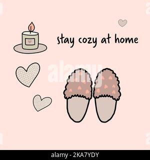 restez à l'aise à la maison, carte mignonne pour l'hiver. Illustration de Vecteur