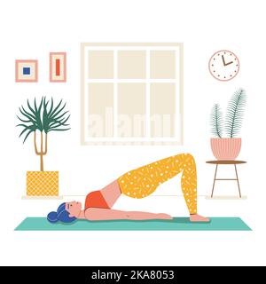 Femme faisant du yoga à la maison salle de séjour Illustration de Vecteur