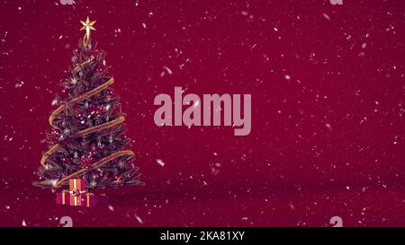 Sapin de Noël décoré de boîtes de cadeaux sur un fond bordeaux avec neige et espace de copie. Banque D'Images