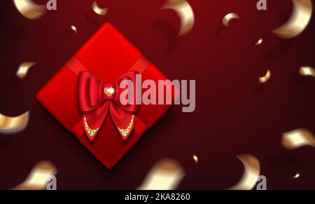 Boîte cadeau rouge ornée d'un noeud et d'une pierre précieuse en forme de coeur rubis. Multifonction doré. Affiche pour la Saint-Valentin, Noël. Illustration vectorielle réaliste. Illustration de Vecteur